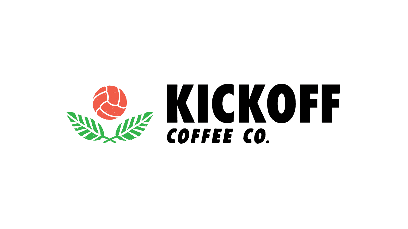 Kickoff Coffee Co. logo – an orange soccer ball above two green leaves next to the words "Kickoff" and "Coffee" and abbreviation of "company"
