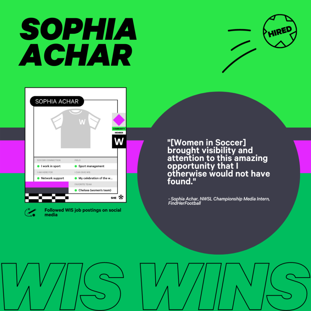 Graphic showing the front of Sophia Achar's Women in Soccer playercard, a quote from Sophia that reads "[Women in Soccer] brought visibility and attention to this amazing opportunity that otherwise I would not have found." a note about Sophia Following the WIS social media handles and "WIS WINS."