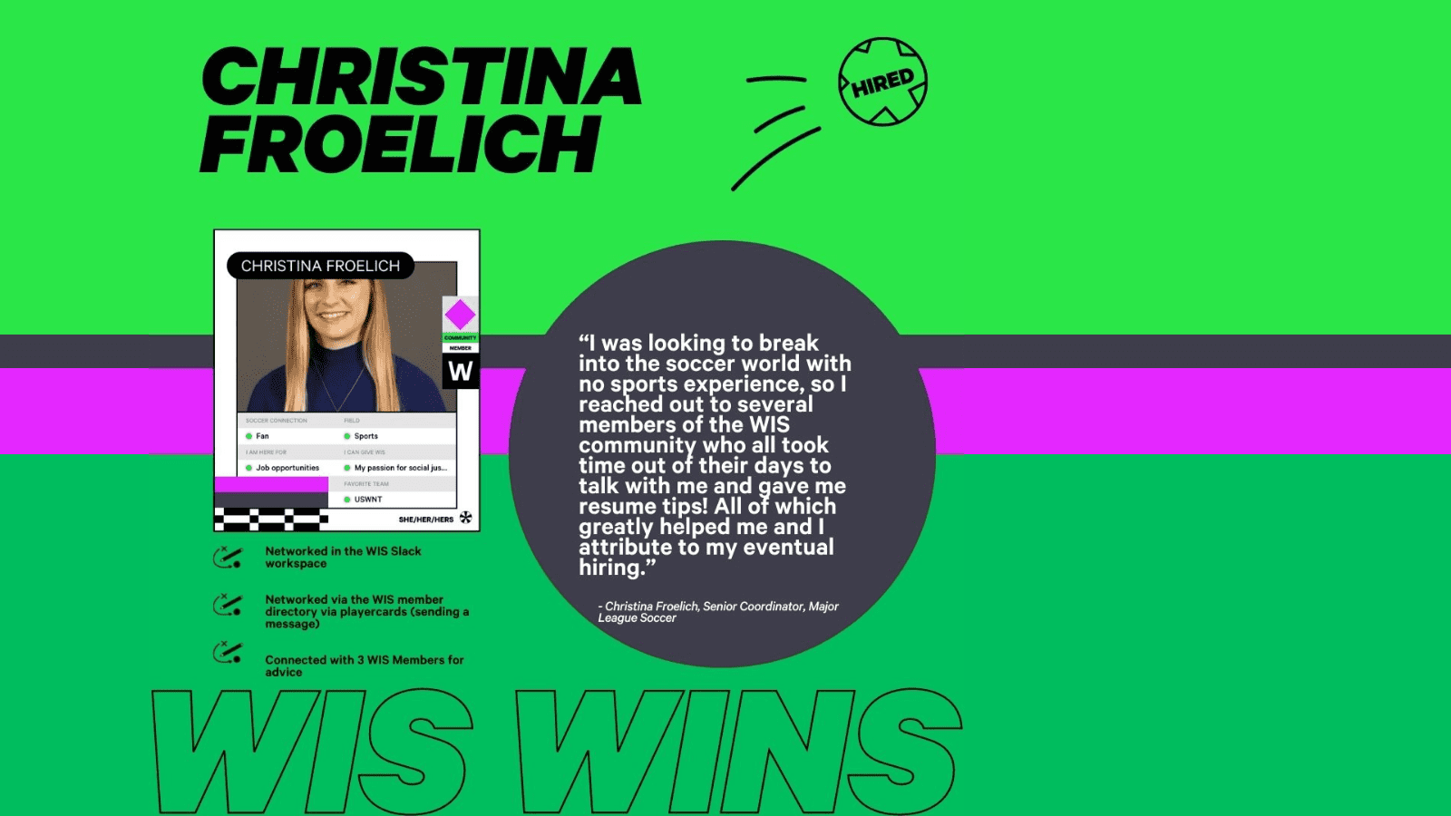 Green graphic showing the name Christina Froelich, a view of Christina's WIS playercard, a quote and words "WIS WIN."